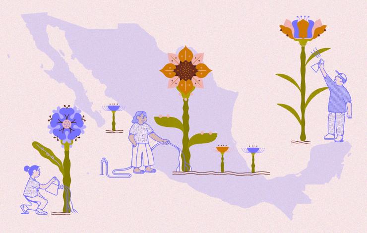 People tending flowers with Mexico in the background